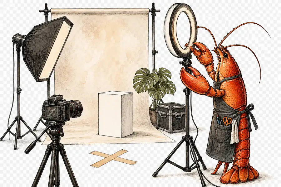 A lobster in a technician's apron adjusts a ring light on an empty photo set, a taped cross on the floor marking where a person should stand.
