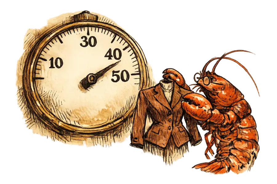 A spectacled lobster holds a wasp-waisted tailored jacket up to a large wall-mounted dial, reading the garment off the needle rather than looking at it.