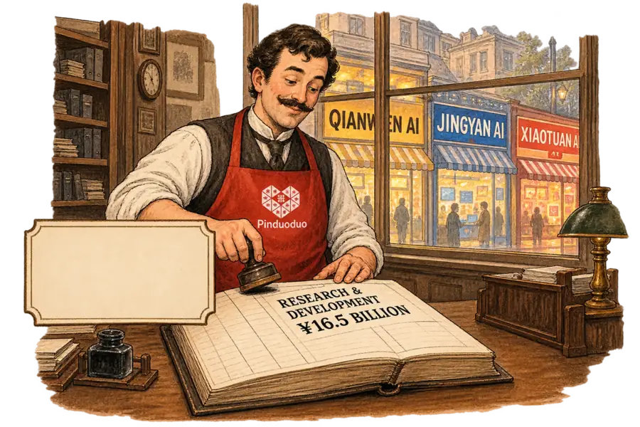 A Pinduoduo clerk stamps a ledger line for ¥16.5 billion of research spending and leaves the description column blank, while rival shopfronts outside the window carry giant hand-lettered AI signs.
