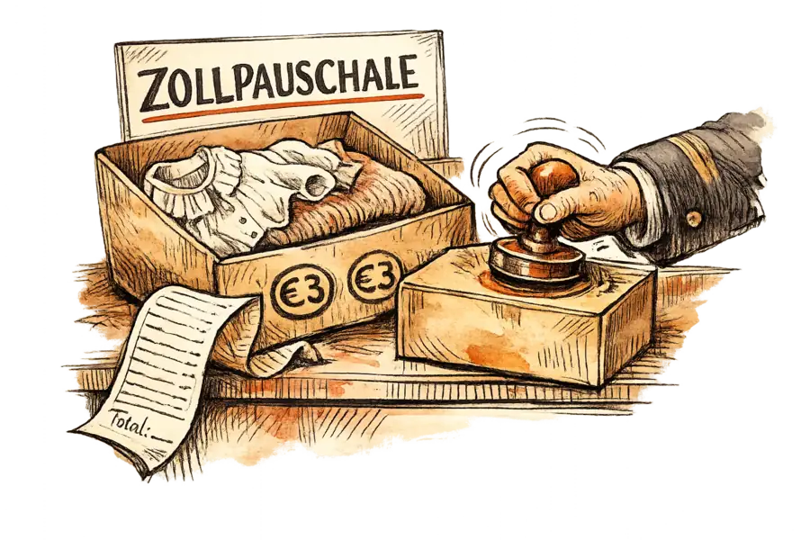 A parcel on a customs counter stamped €3 twice, a silk and a wool blouse inside, and a receipt whose total line is blank.
