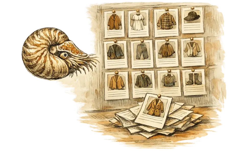A nautilus shell inspects a wall of product cards; each card has a photograph pinned to it, but the description lines below are blank.