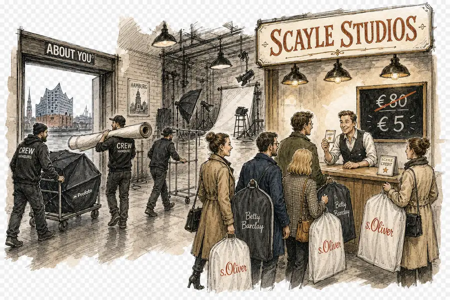 A Hamburg photo studio being dismantled while a SCAYLE STUDIOS sales counter sells credits to queuing brands