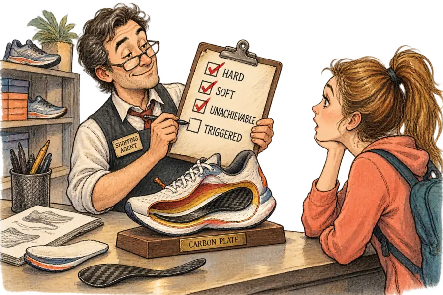 A shopping agent at a service counter ticks three boxes on a scorecard and leaves the fourth blank, while a cutaway running shoe on the counter reveals a feature the shopper cannot see from her side.