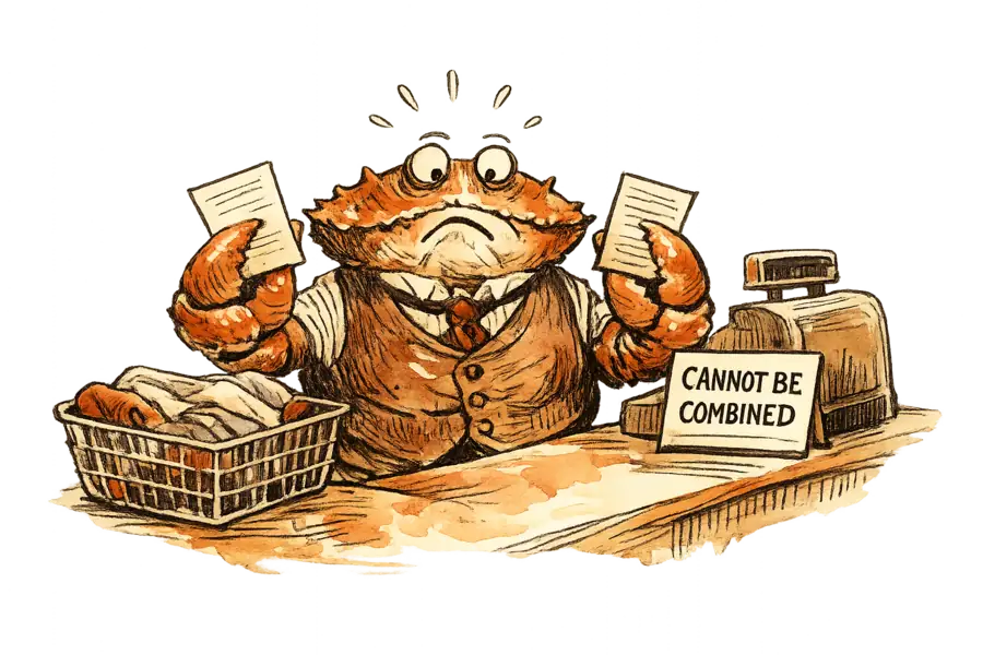 A waistcoated crab holds a paper coupon in each claw beside a basket of folded clothes and a card reading 'cannot be combined'.