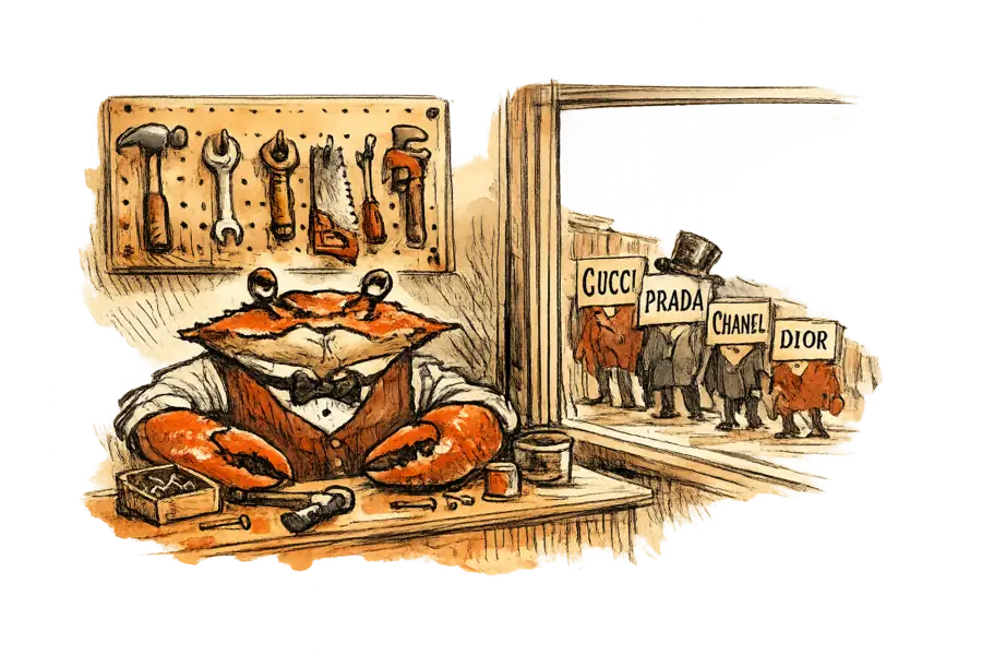 A waistcoated crab behind a hardware counter with a pegboard of five occupied tool hooks, while lettered brand signs queue outside the window