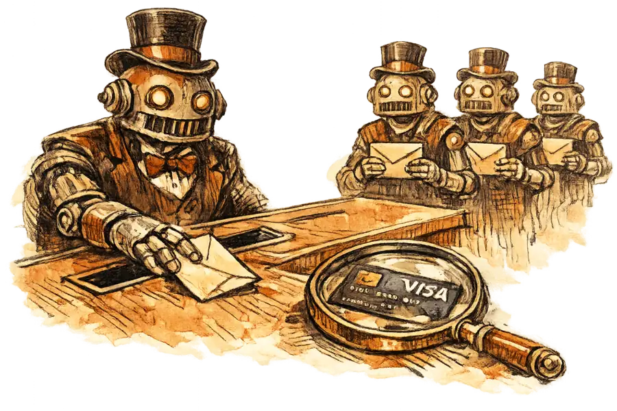 A merchant robot slides a folded price card across a sealed-bid auction counter while a Visa card lies face-up beside it under a magnifying glass, three identical rival bidders queued behind.