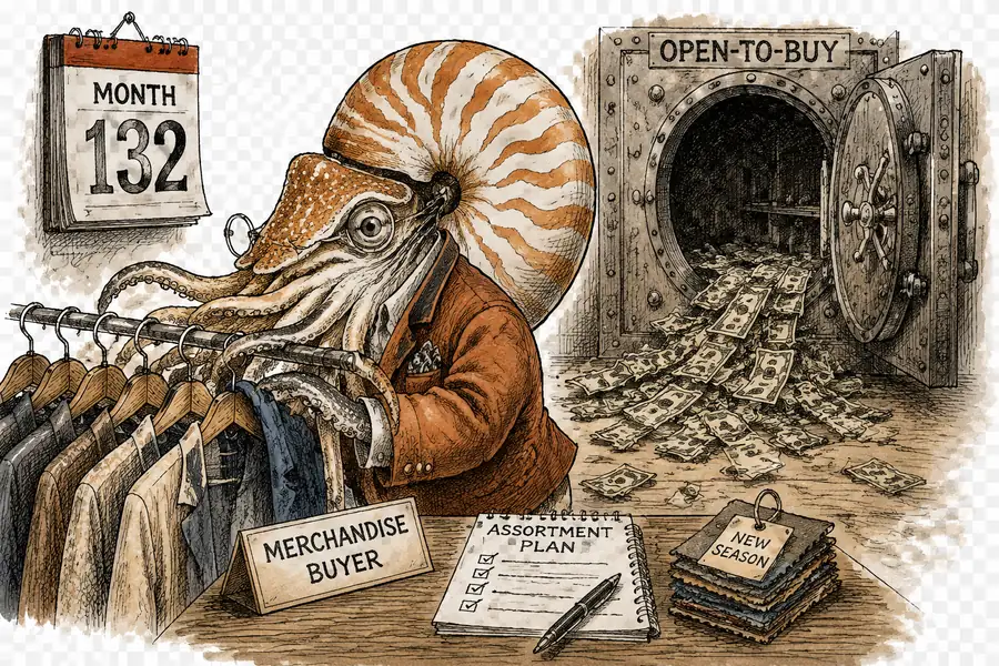 A nautilus dressed as a merchandise buyer neatly arranges a rack of clothes while, behind it, an open-to-buy budget vault empties onto the floor.