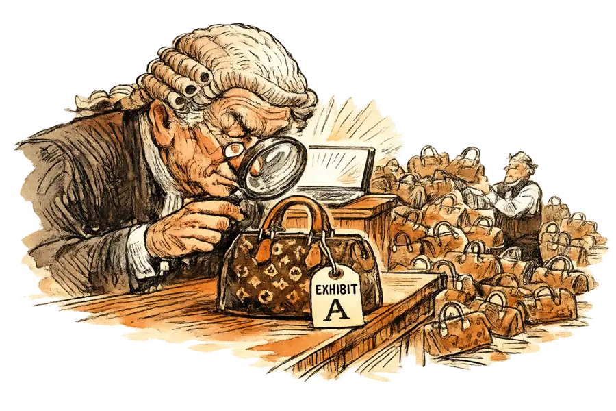 A wigged judge studies one handbag through a magnifying glass at the bench while a laptop behind him pours out dozens of identical bags piling across the courtroom floor.