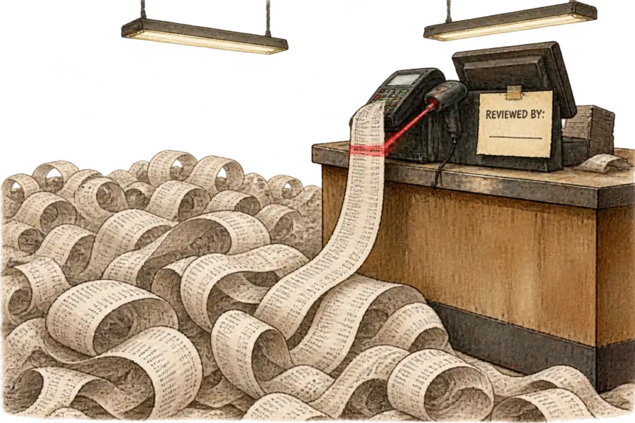 A shop card terminal prints a receipt tape that has become a mountain of code covering the floor, while a small handheld scanner reads one line of it.