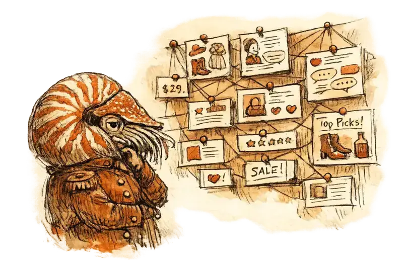 Admiral Neritus Vale studies a fashion product feed pinned across maps, search cards, and chat bubbles.