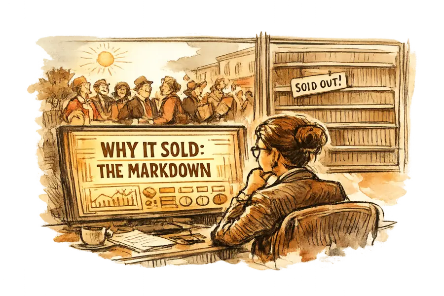 A fashion buyer at a glowing analytics dashboard that confidently states one reason a dress sold, while the real causes go unlabeled outside the window.