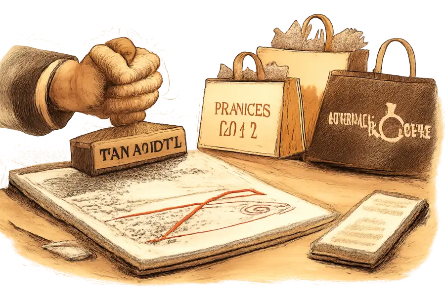 A customs stamp pressed onto a retailer's income statement beside Princess Polly and Culture Kings shopping bags, with a phone showing a paused ad dashboard at the desk's edge.