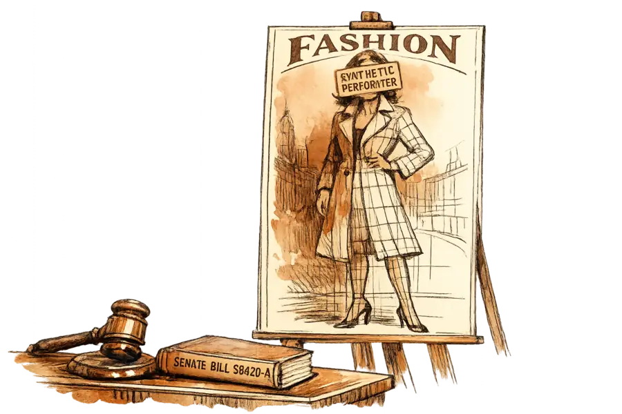 A fashion poster in a New York hearing room where only the model's face carries a synthetic performer label, while the generated coat, shoes and backdrop go unlabelled.