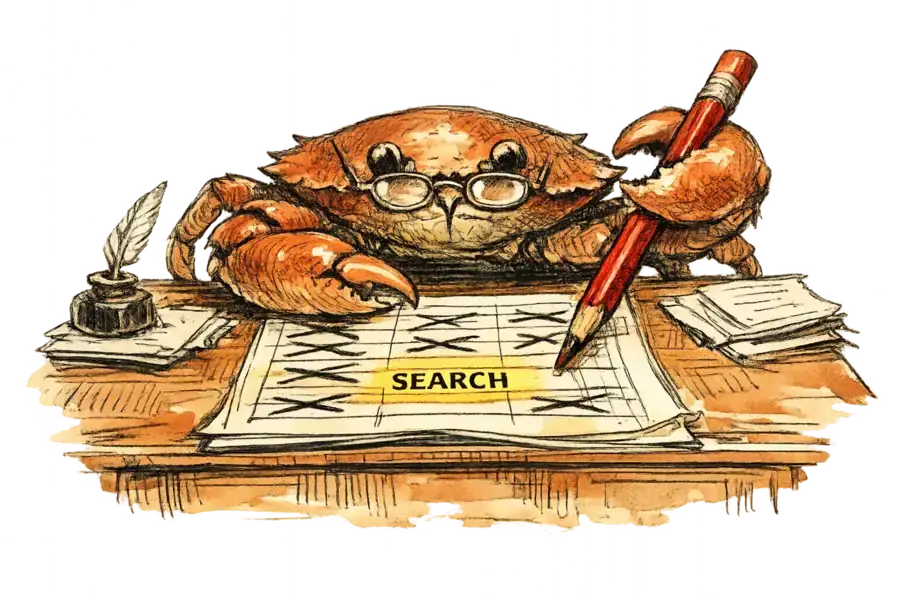 A crab with reading glasses red-penciling a spreadsheet where every line is crossed out except one marked SEARCH