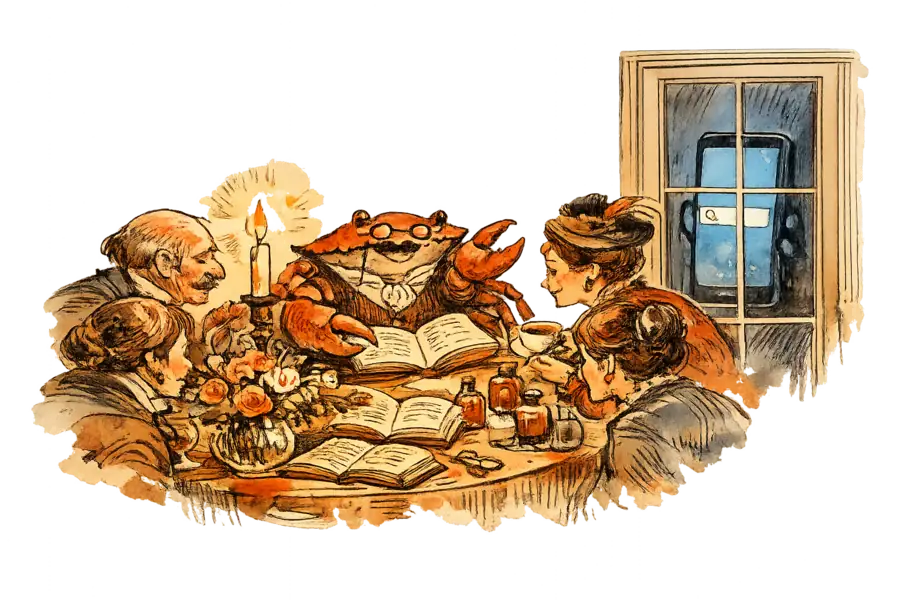 A waistcoated crab hosts a candlelit book club and flower workshop indoors while a glowing smartphone search screen is locked outside the door.