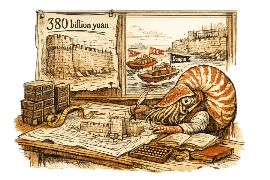 A nautilus architect at a drafting table studies a tall stack of server racks labelled '380 billion yuan' on one side while small fast boats flying JD, Pinduoduo, and Douyin flags race past an unfinished fortress wall on the other.
