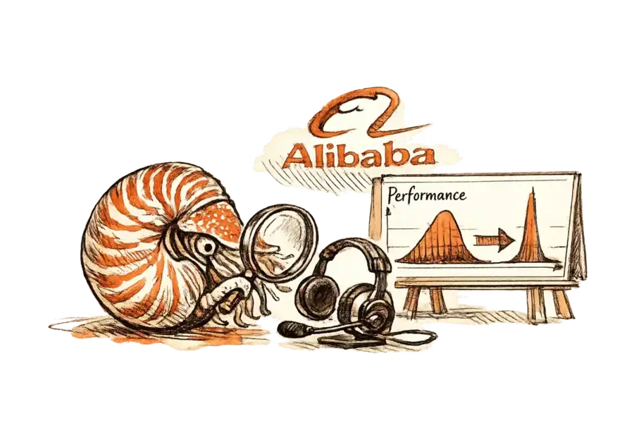 A nautilus examining a customer service headset next to a performance curve that flattens, with Alibaba branding visible