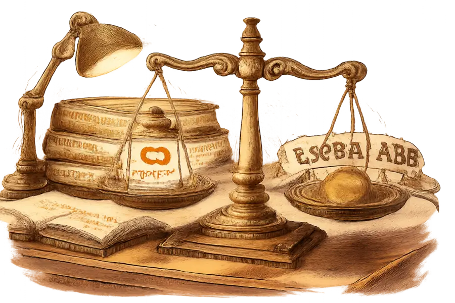 A brass two-pan weighing scale on a wooden desk: the Alibaba Cloud lantern logo sits on one pan against a paper ribbon reading '¥36B AI ARR' on the other; behind the scale, three thick leather ledgers stamped Microsoft, Alphabet, and Amazon, only Microsoft's lying open with a marginal note '$37B.'