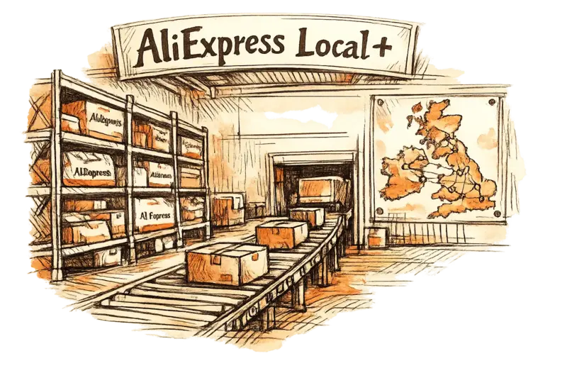 A cutaway view of a warehouse labeled 'AliExpress Local+' in hand-lettered text, shelves stacked with branded garment boxes, a delivery route map of the UK pinned on the wall. Composition: warehouse interior centered, map at upper right. Mood: clinical.