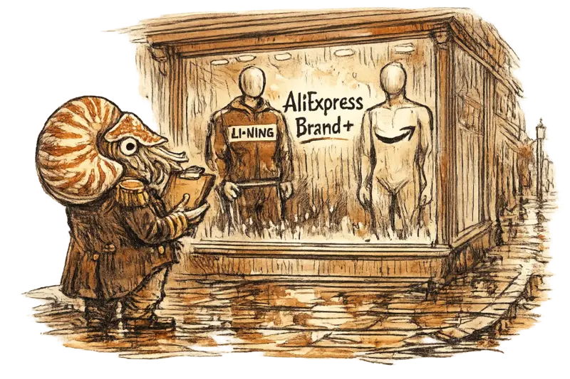 Admiral Neritus Vale on a rain-wet UK high street, examining a shop window displaying Li-Ning and AliExpress Brand+ signage alongside an Amazon arrow