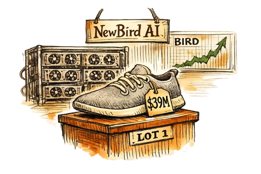 A single Allbirds wool sneaker sits on an auctioneer's block with a hand-lettered tag reading '$39M.' Behind it, a rack of GPU servers under a new hand-lettered sign reading 'NewBird AI.' A ticker in the background shows BIRD climbing steeply.