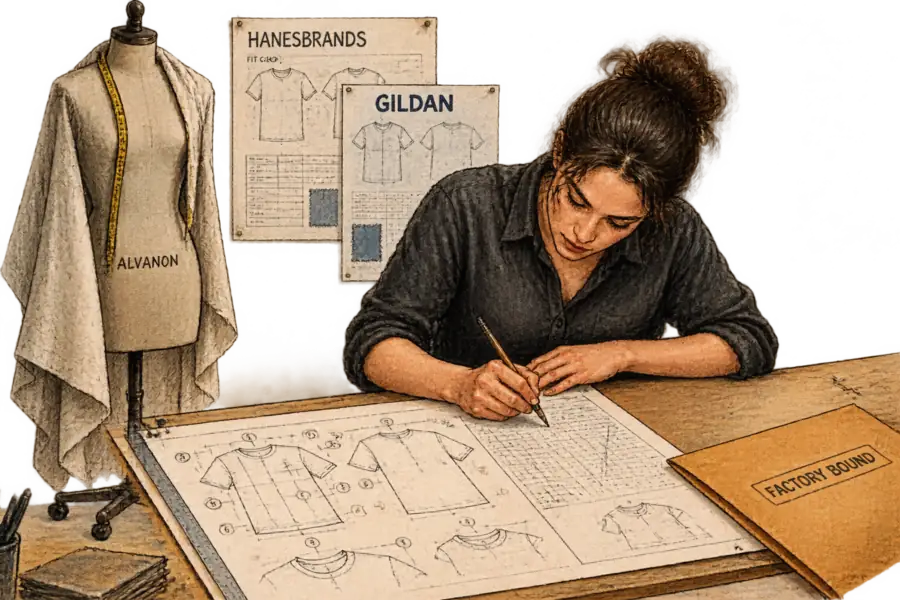 A technical designer marks grade measurements on a tech pack at a drafting desk while an Alvanon fit mannequin stands behind it under a dust sheet.