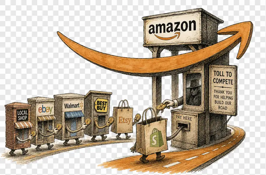Amazon's arrow logo drawn as a toll gate that rival retail storefronts must pay to pass through.