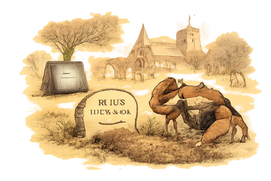 A speech-bubble-shaped headstone reading 'RUFUS 2024–2026' with the Amazon arrow at its base, in a quiet churchyard. An Echo Show stands behind as a mourner; a small crab in a waistcoat removes a top hat at the graveside.