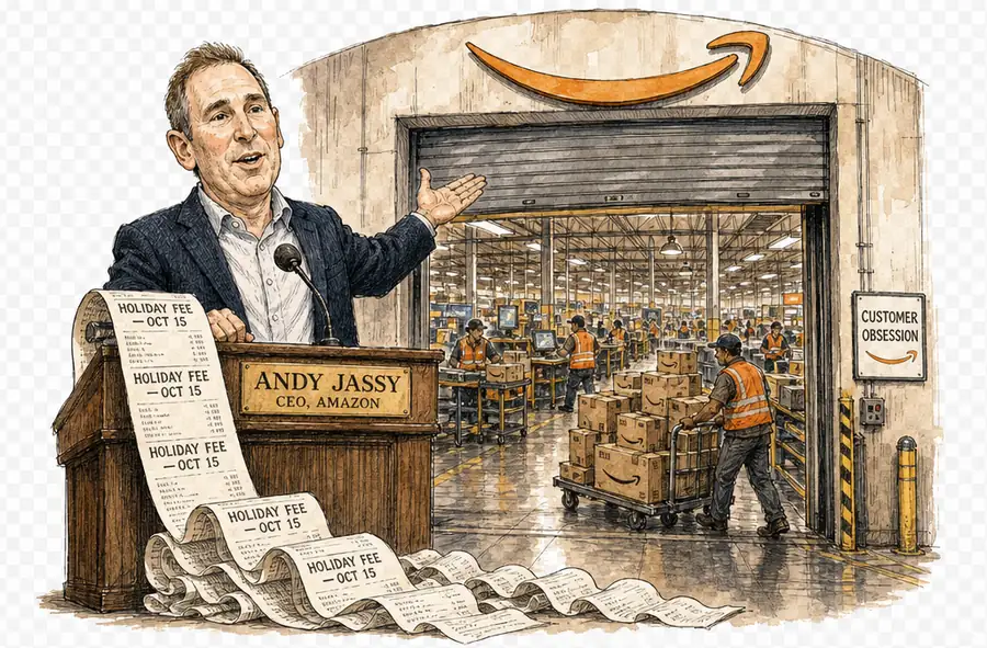 Andy Jassy at a podium beside an open Amazon warehouse door, an unspooling invoice tape stamped 'HOLIDAY FEE' beside him.
