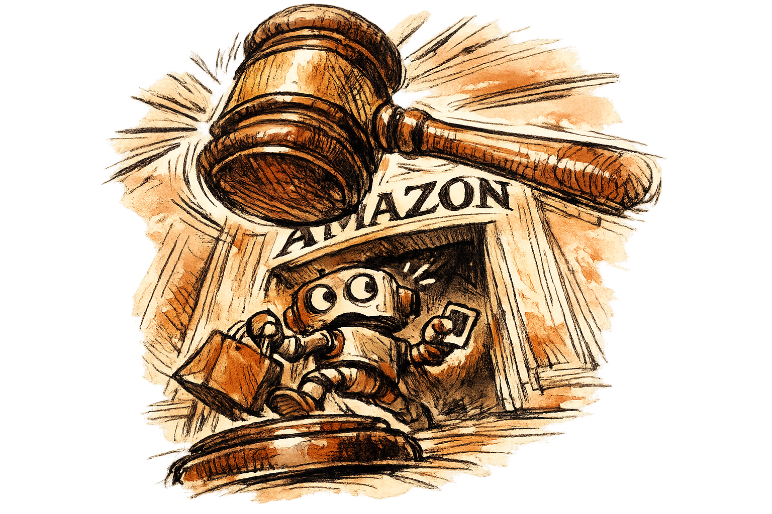 Judge Chesney's gavel comes down on a small robot that has been caught sneaking through a doorway marked AMAZON. The robot holds a shopping bag and a set of stolen login credentials. Close-up on the gavel impact, dramatic mood.