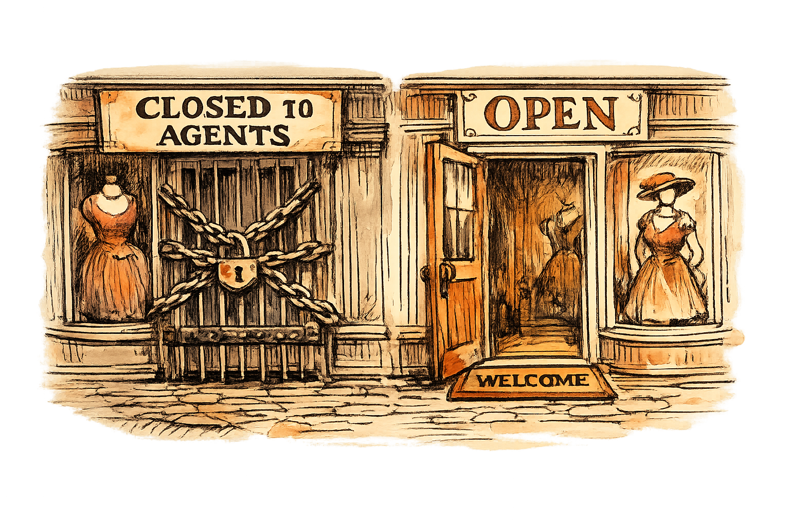 Two storefronts side by side. The left one has heavy iron bars across the entrance and a sign reading CLOSED TO AGENTS. The right one has its door wide open with a welcome mat reading UCP. A fashion mannequin stands in each window. Wide shot, matter-of-fact mood.
