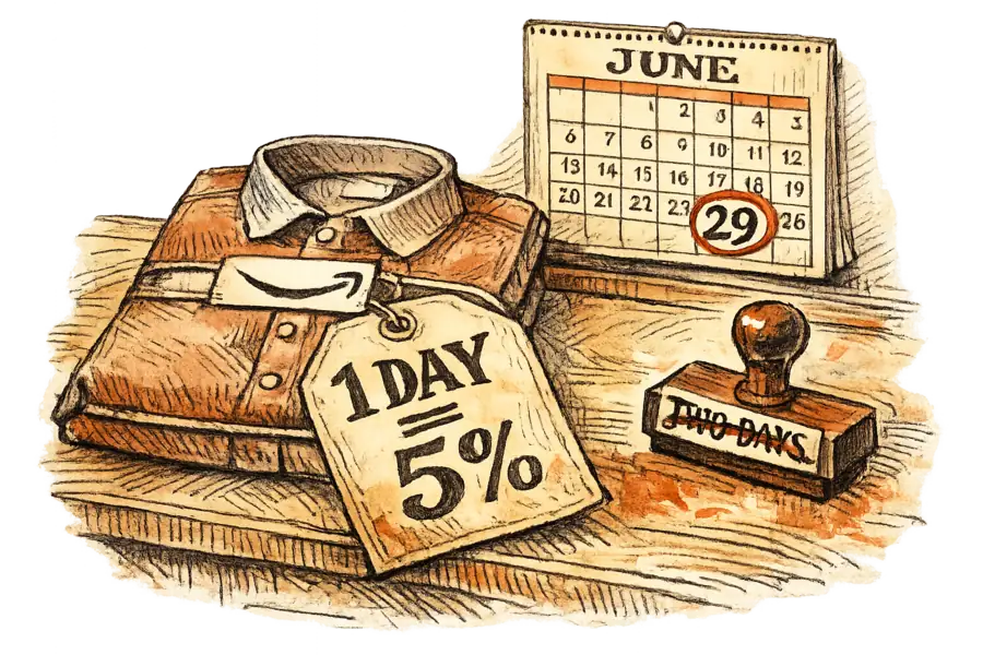 A folded shirt on a packing bench beside an Amazon shipping label, a hand-lettered price tag reading '1 DAY = 5%', and a rubber stamp that has crossed out 'TWO DAYS'.