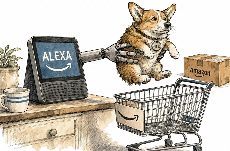 A small dog wearing a 'Rufus' name tag being lifted by a robotic arm from an Echo Show device into an Amazon-branded shopping cart, with the Alexa light ring overhead.