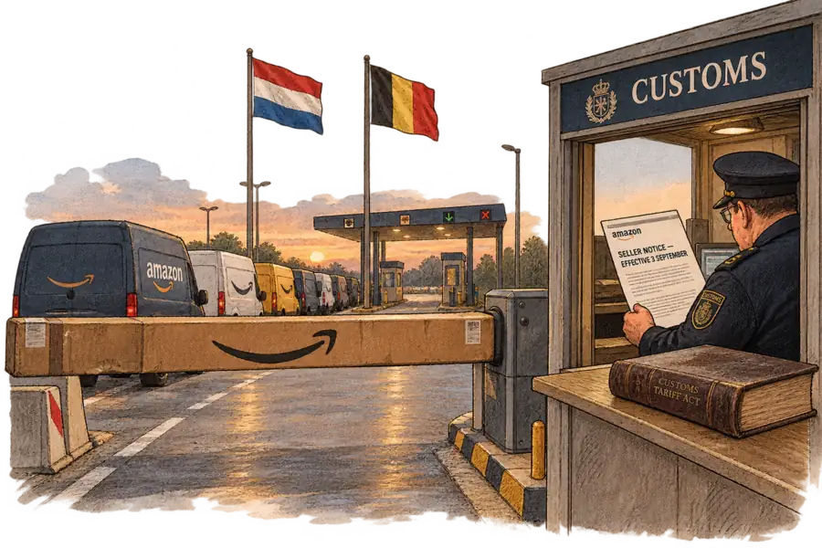 A border customs post where the barrier arm is a long cardboard parcel stamped with the Amazon arrow, and the officer reads from a printed seller bulletin instead of a statute book.