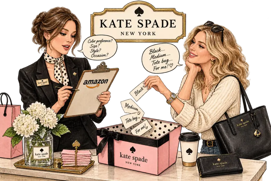 A shop assistant at a Kate Spade counter reads questions from a clipboard stamped with the Amazon arrow, while the shopper's answers fall as paper slips into a gift box.