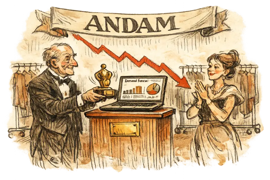 An ANDAM fashion-innovation trophy handed to a laptop showing a demand-forecasting dashboard, while a red sales line falls behind half-empty clothing rails.