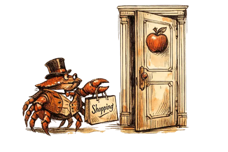 Sir John Crabstone holds a paper shopping bag while facing a tall door bearing an apple motif