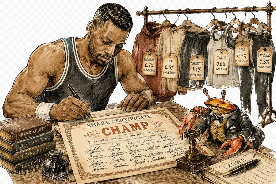 An athlete signs a CHAMP share certificate instead of an autograph while a waistcoated crab looks on.