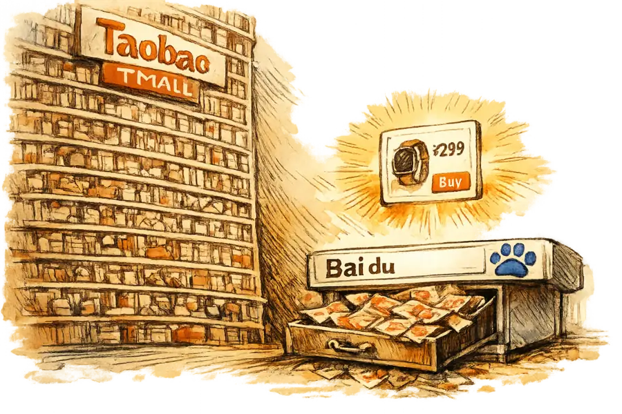 A Baidu search bar with its blue bear-paw logo turning into an open cash register at one end, a single AI answer card with a price and a Buy button hovering above it, set beside a towering Alibaba marketplace storefront labelled Taobao and Tmall and stacked with countless tiny product shelves.