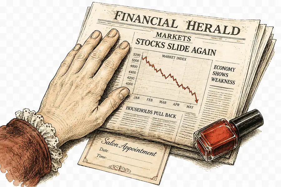 A hand with short, bare nails resting on a financial newspaper showing a falling chart, beside an unused bottle of red nail polish.