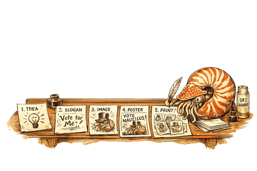 A lobster in editorial glasses scrolls a phone while holding a director's clapperboard marked DAY 5