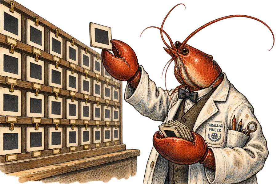 A lobster in a projectionist's dust coat holds a hand-painted card up to an empty slot in a wall of small blank frames.