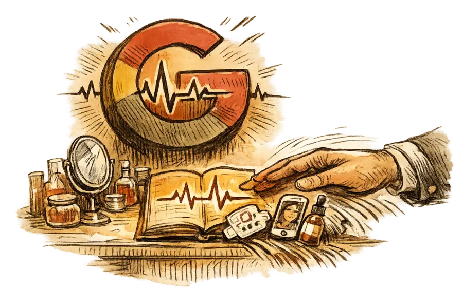 A giant Google 'G' shaped like a heart-rate monitor sweeping tiny beauty instruments toward a central health ledger.