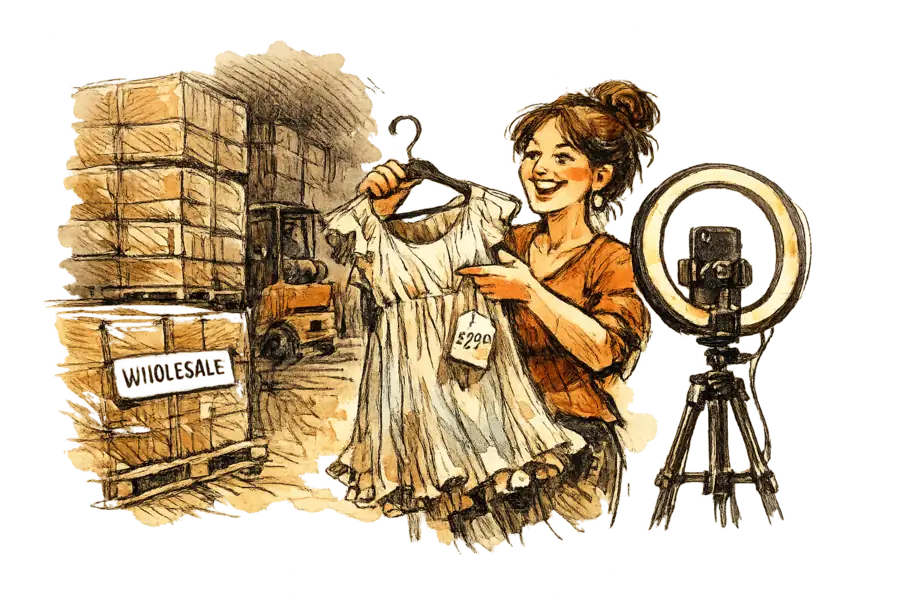 A livestream seller holding up a new, price-tagged garment to a ring light, with warehouse pallets stacked in the darkness behind her