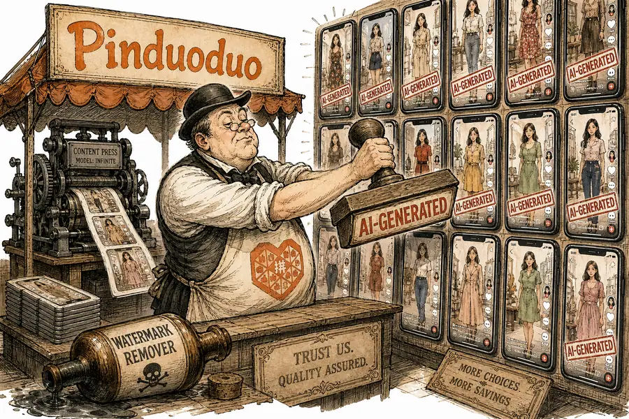 A Pinduoduo-branded clerk stamps 'AI-generated' on a wall of clothing try-on videos while a printing press behind him prints more of the same videos.