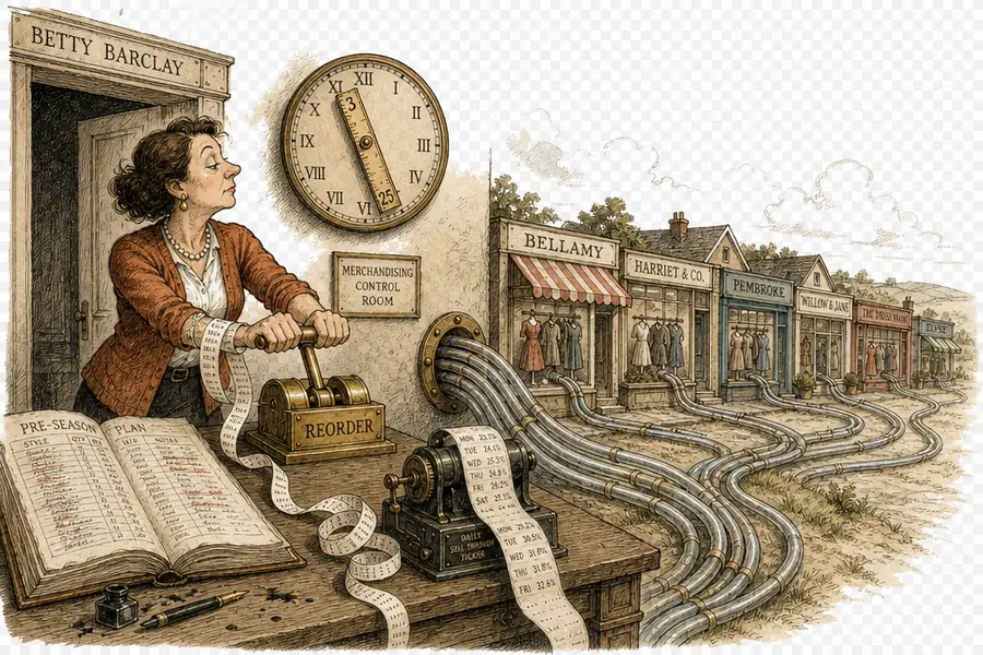 A merchandising control room lettered BETTY BARCLAY, where a planner pulls a lever marked REORDER and pneumatic tubes run out to a row of small shop fronts.