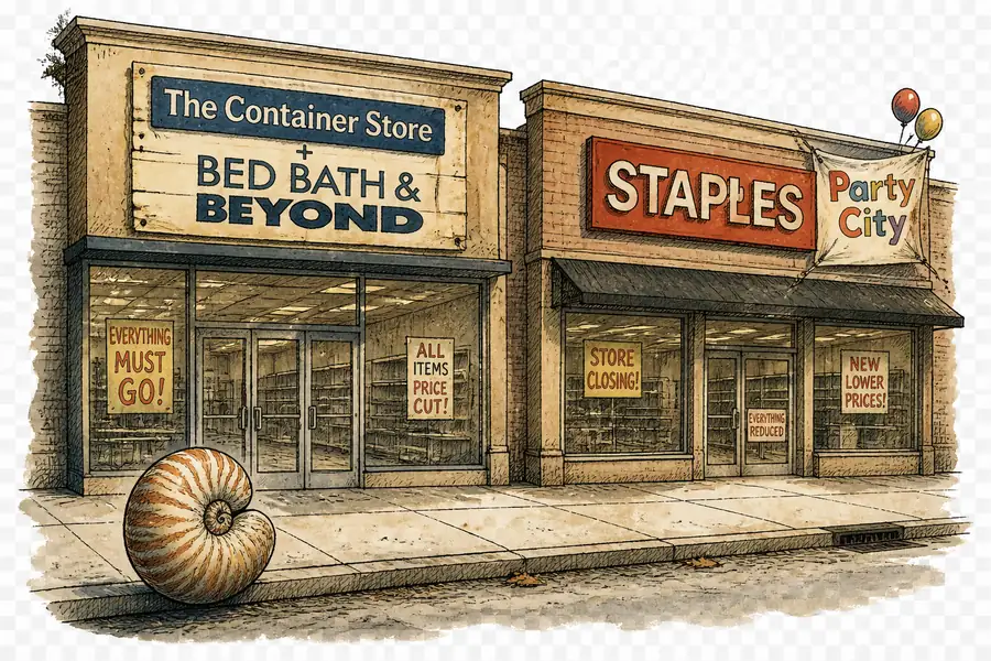 Two adjoined retail storefronts: 'The Container Store + Bed Bath & Beyond' on one, 'Staples + Party City' on the other, with cleared shelves visible inside.