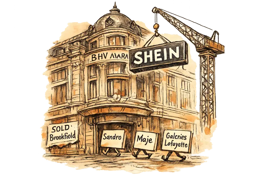The BHV Marais department store in Paris reclaiming its facade as a Shein shop sign is craned out of an upper window and brand nameplates file out the doors.