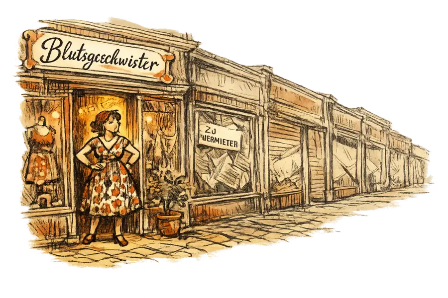 A small boutique with a hand-lettered Blutsgeschwister sign stands lit and open while shuttered shopfronts recede down the street behind it