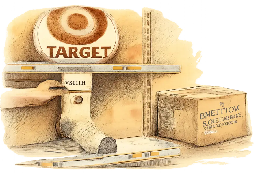 A Bombas sock bearing a bee logo placed on a big-box retail shelf under a red Target-style bullseye, with a sealed direct-to-consumer shipping box set aside.